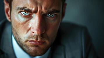 Closeup portrait of a businessman his suit disheveled and his eyes red with exhaustion. The pressures of corporate life have left their mark on him photo