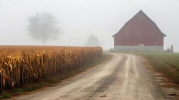 The foggy weather creates a quiet and still atmosphere on the farm, with the only movement coming from the gentle sway of corn stalks in the wind. photo