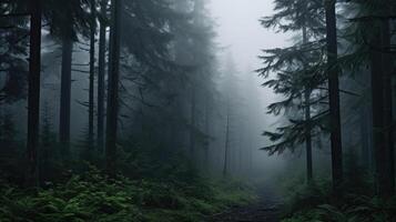 Enveloped in Fog The dense fog blankets the forest, obscuring the trees and creating an eerie sense of isolation. photo