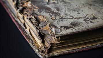 An upclose glimpse of a waterdamaged book, revealing warped covers and swollen pages, reflecting the motif of ruin and deterioration. photo