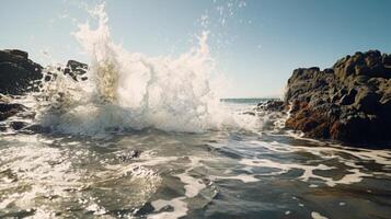 A slowmotion of waves crashing against a halfsubmerged wall, leaving behind visible water level imprints as the tide recedes. photo