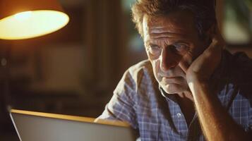 A middleaged man with a pained expression his hand clutching his head as he attempts to navigate through a flood of emails photo