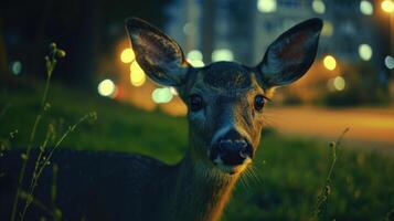 Closeup of a young doeeyed deer staring intently at the camera in an urban park its delicate features illuminated by the city lights in the darkness. Despite being surrounde photo
