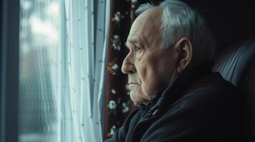 An older man sitting by the window his face in profile as he stares out at the world his thoughts consumed by the memories of his traumatic past photo