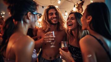 A group of friends at a party all holding drinks but with one member standing out as out of control and inebriated photo