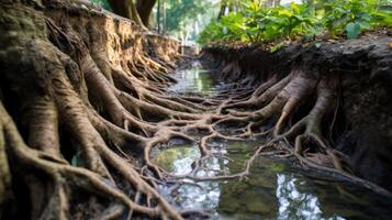 The effects of waterlogging and erosion were evident in the large pools of standing water and exposed roots of plants struggling to survive. photo