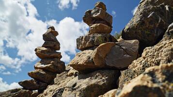 The rocks are stacked high, reaching towards the sky, as if aspiring for a higher purpose. photo