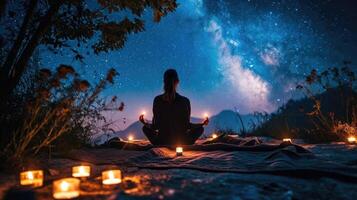 A person sitting crosslegged on a blanket, surrounded by flickering candles and gazing up at the stars in a peaceful state of meditation. photo
