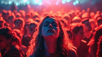 A woman with a pained expression surrounded by a large crowd at a concert photo