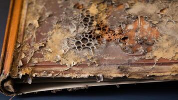 A detailed shot of a waterdamaged book, with mold creeping up the edges and faded text, emphasizing the motif of contamination and decay. photo