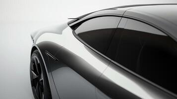 Moving along the side of the car the closeup shot showcases the smooth lines and aerodynamic shape of the body with a slightly curved roof and minimalistic side mirrors photo