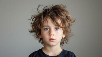 A portrait of a young boy with a blank expression and uncombed hair symbolizing the disruption and chaos that can occur in daily life during an episode of bipolar mania photo