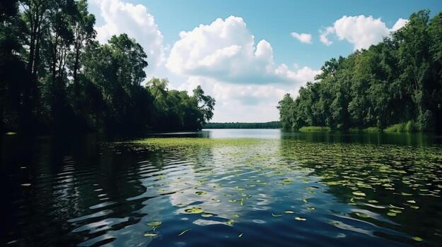 un panorámico Disparo de un sereno lago rodeado por denso vegetación, capturado por un cámara , como un ai algoritmo detecta el presencia de raro agua aves y conjuntos apagado el cámara a capturar foto