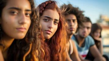 A group of diverse friends sitting on a rooftop their faces a mix of introspection and uncertainty photo
