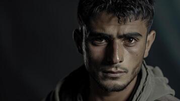 A young man with a missing limb stands proudly his gaze reflecting the strength and resilience he has had to develop as a refugee photo