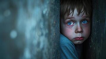 A little boy huddled in a corner his face contorted in terror as he goes through a panic attack photo