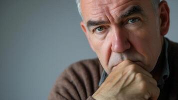 A man in his fifties with a stoic expression his hand clenched tightly as he tries to fight through the pain photo