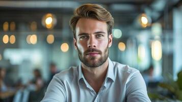 A man visibly sweating and looking uncomfortable at a work conference photo