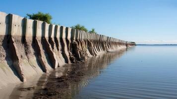 A series of images showcasing the gradual erosion of a partially submerged wall through the rising water levels, symbolizing the impact of climate change. photo