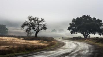 The fog obscures the landscape, giving the road an otherworldly feel. photo
