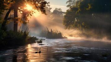 The tranquil river is transformed into a mystical wonderland as the fog and sunlight create a breathtaking display of beauty. photo