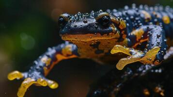 Closeup of a salamanders delicate feet covered in unnatural substances from polluted water. These toxins affect their ability to climb and adhere to surfaces making it difficul photo