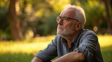 A man in his 60s sitting alone in a park lost in thought as he grapples with the idea of starting a new career photo