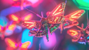 Closeup of a group of moths gathered around a multicolored neon sign their delicate antennae waving as they investigate the bright and alluring hues photo
