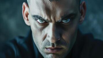 A man with a menacing glare and clenched jaw embodying a psychopathic personality disorder photo