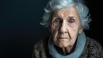 An elderly woman with a distant look struggling to remember her own name photo