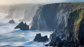 As the fog settles in, it creates a surreal backdrop for the rugged cliffs and crashing waves of the coast. photo