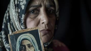 A woman with a headscarf her hijab slightly askew and her dark eyes full of sorrow as she holds a photograph of her missing husband photo