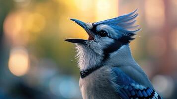 Closeup of a blue jay with its crest raised belting out a symphony of notes that echoes through the streets and alleyways signaling the start of a new day in the city photo