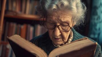 An older woman wearing gles and reading a book representing the wisdom and knowledge that comes with age photo