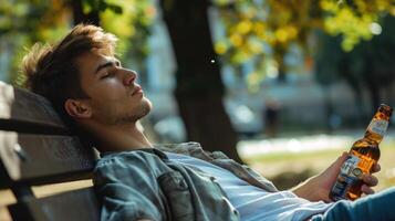 A young man lying on a park bench clutching a bottle of cheap liquor photo