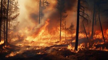 A closeup of a forest fire, blazing through trees and destroying precious habitats and resources for indigenous communities who have depended on these lands for generations. photo