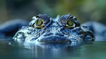 Closeup of a menacing crocodiles eyes peering out from just above the waters surface showcasing its primal instinct and formidable presence in its natural habitat photo