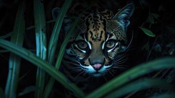 Closeup of an ocelots rugged fur camouflaged perfectly with the shadowy night making it nearly invisible as it stalks its prey photo