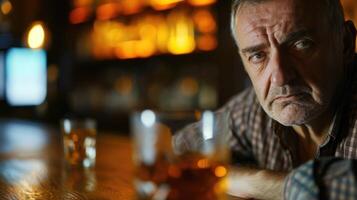 A middleaged man sitting alone at a bar a gl of whiskey in front of him a distant and vacant expression on his face photo