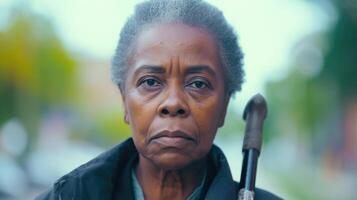 A woman of African descent with a determined look on her face walking with a cane and showing that despite pain and illness life goes on photo