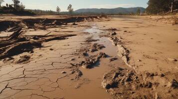 The camera pans over the destruction caused by a flood, focusing on a pair of muddy footprints that seem to symbolize the fragile presence of life in this environment. photo