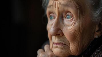 An elderly woman with a furrowed brow and a wistful expression lost in thought as she reflects on her lifes journey photo