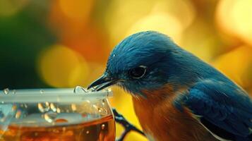 Closeup of a tiny bluebird pecking at a shiny piece of plastic unaware of the danger it poses to its health photo