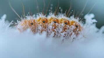 Closeup of a caterpillars delicate hairs peeking out from under a thin layer of powdery snow shielding it from the winter cold photo