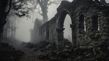 The fog cloaks the ruins, shrouding them in a veil of obscurity and intrigue, as if they hold secrets that are meant to remain hidden. photo