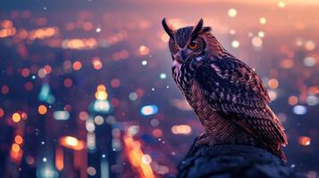 Closeup of a curious owl tilting its head towards the glowing city lights perched high above on the pinnacle of a towering skyser photo
