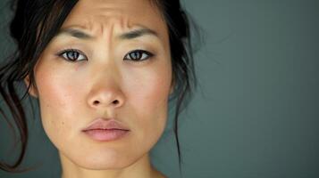 A woman of Asian descent her eyes narrowed and lips pulled into a sneer of irritation photo