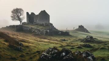 In the foggy countryside, the remnants of a medieval castle loom in the distance. The mist adds a layer of mystery and drama to the already impressive structure, drawing visitors in to photo
