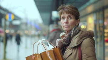 A middleaged woman with a shopping bag full of expensive designer clothes but with a hint of emptiness in her expression photo
