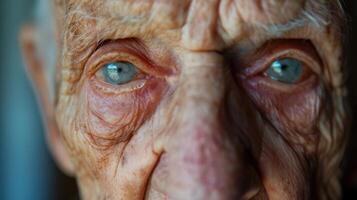 A closeup of an older persons face with a peaceful expression showing the acceptance of their age and the life they have lived photo